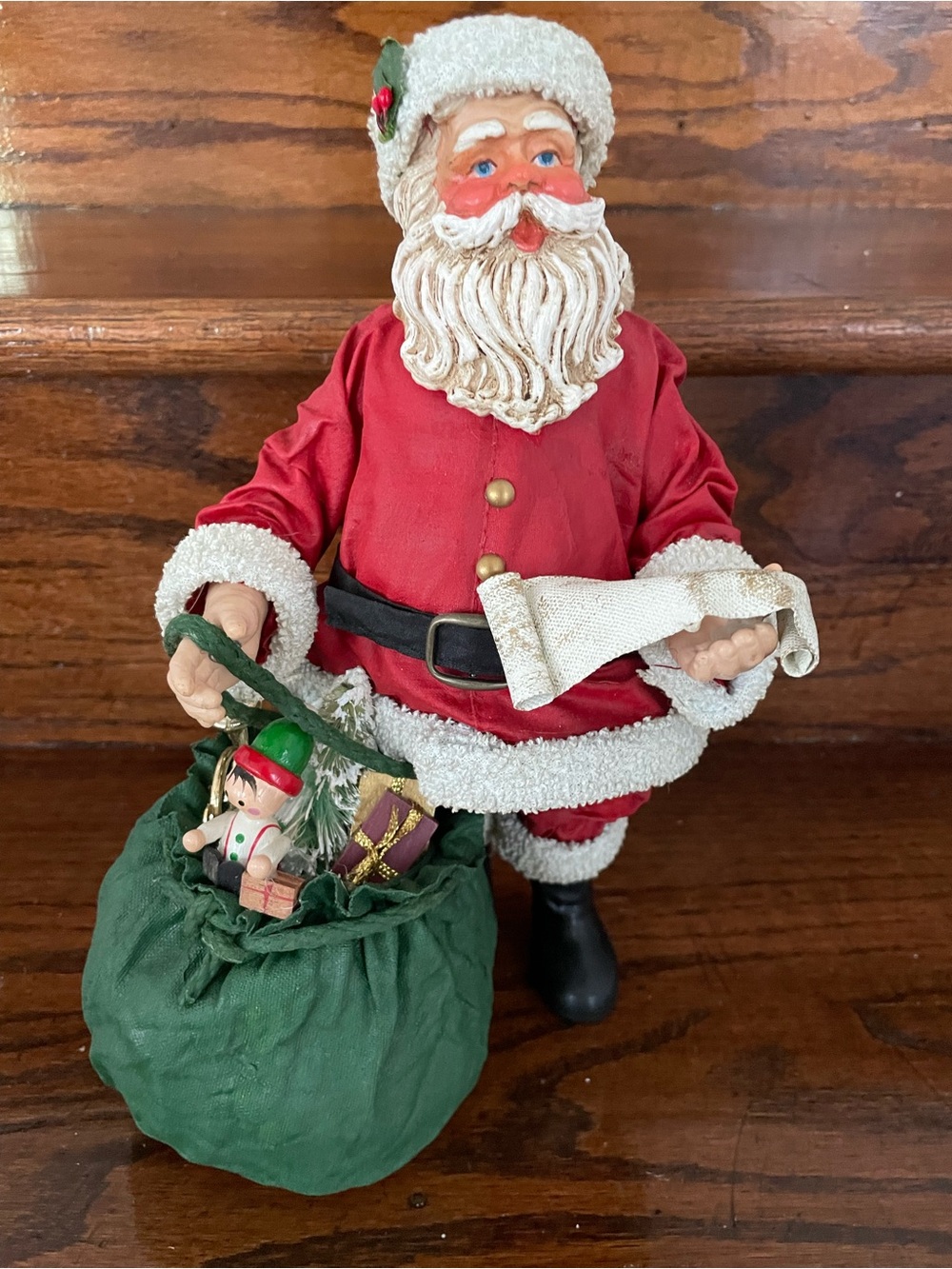 Vintage Holiday Traditions 10” Fabric Mache Santa Figure w/ Sack & Box